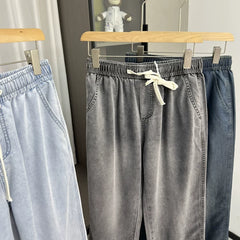 Soft drape! Cool and breathable! Summer men's foreign trade Tencel Lyocell elastic waist hanging straight leg jeans