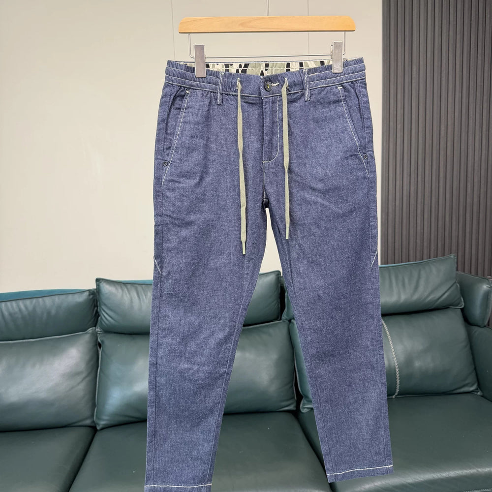 Remove the cabinet! Cotton+linen blend! Foreign trade men's spring and summer elastic waist comfortable casual straight leg jeans