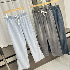 Soft drape! Cool and breathable! Summer men's foreign trade Tencel Lyocell elastic waist hanging straight leg jeans