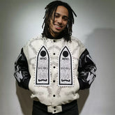 WHO DECIDES WAR Who Decides War Stained Glass Leather Varsity Jacket