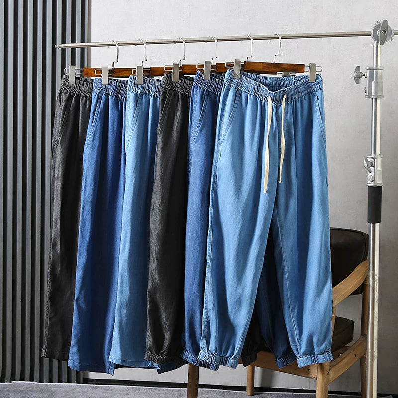 Good daily orders! Cool and comfortable! Foreign trade men's spring and summer breathable loose leg binding elastic waistband Tencel jeans