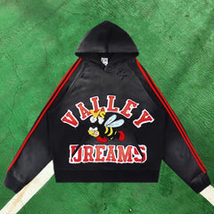 Vale Forever Vintage Sport Graphic Pullover Hoodie (Black / Red Stripes & Bee Applique)