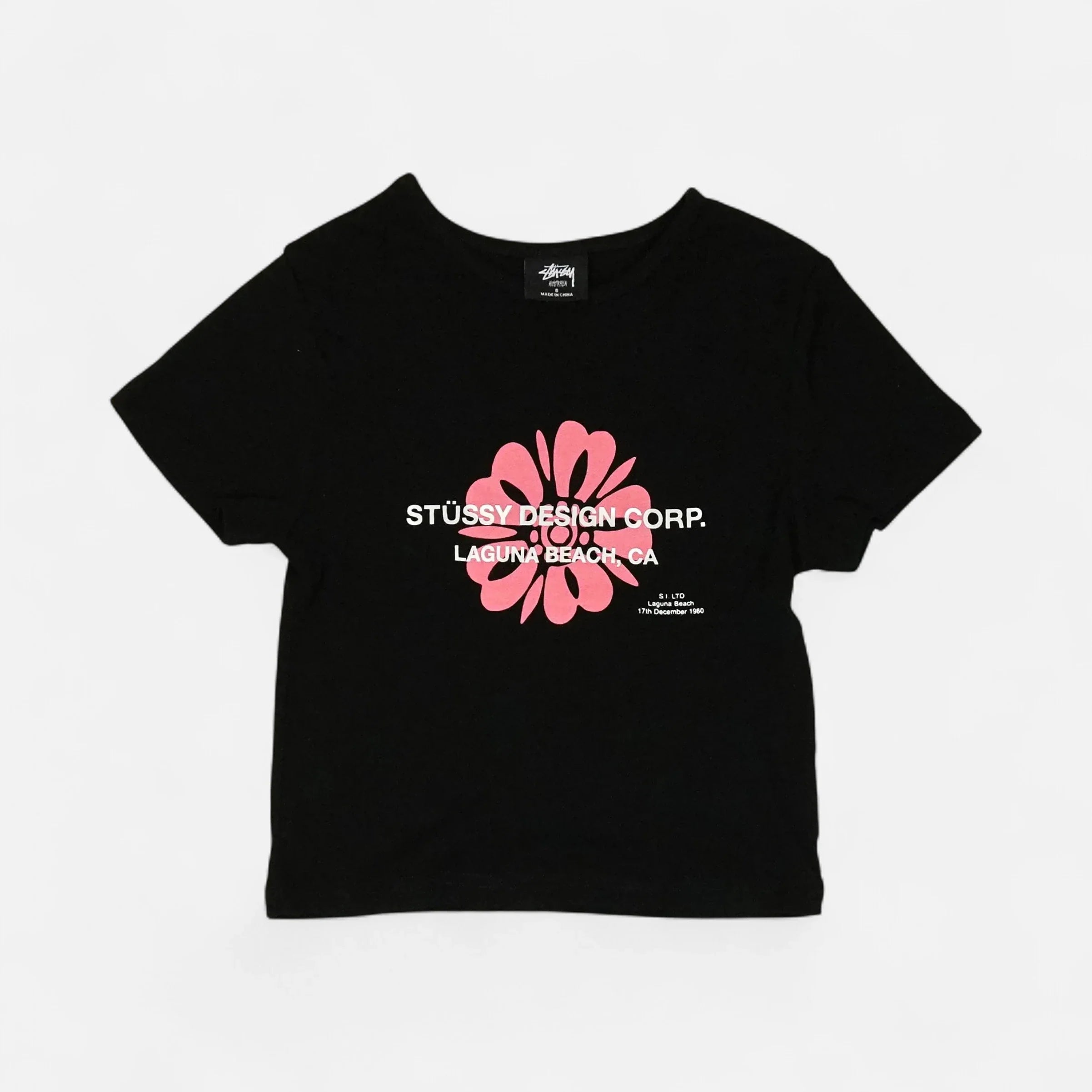 Stüssy Womens Black Pink Flower Graphic Baby T-shirt