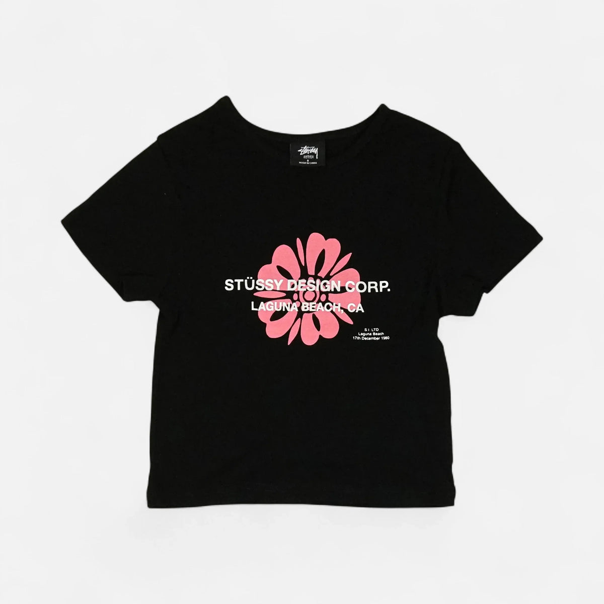 Stüssy Womens Black Pink Flower Graphic Baby T-shirt