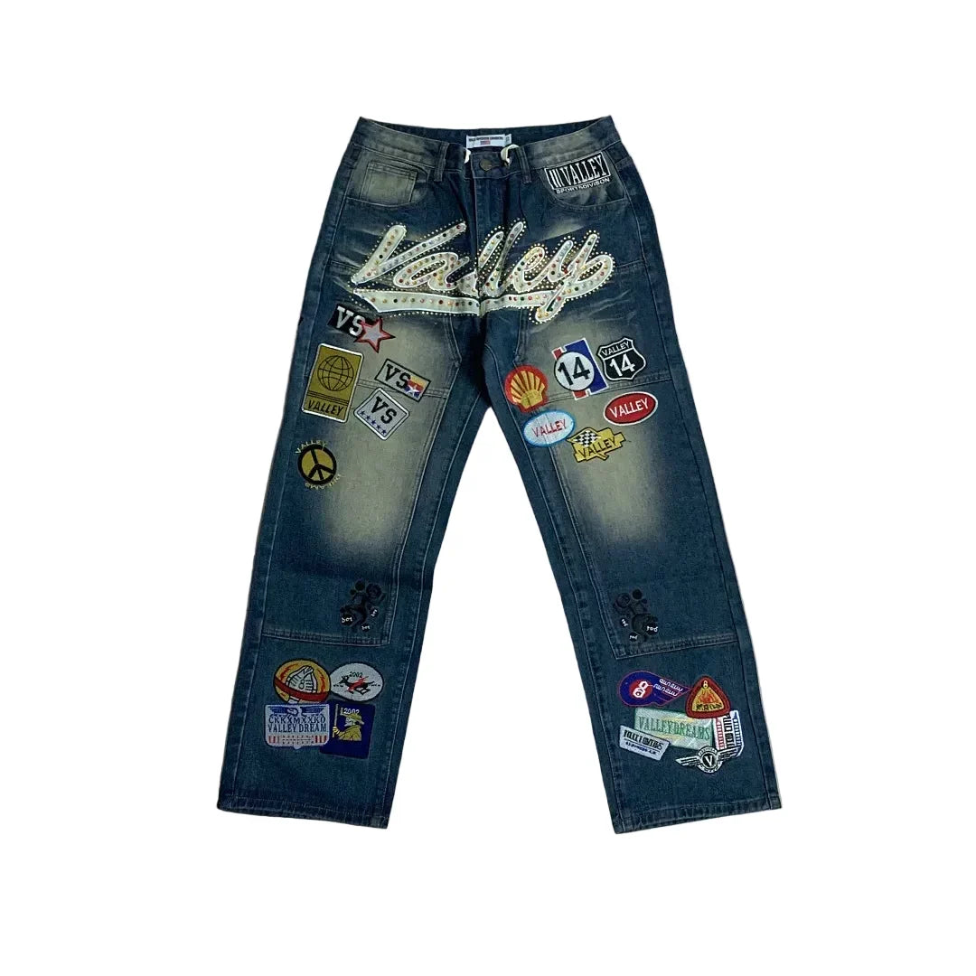 Vale Forever Rhinestone Patchwork Oversized Blue Denim Jeans