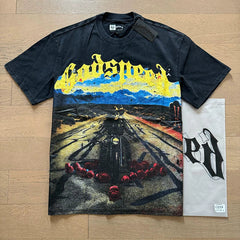 Godspeed Motorcycle and Roses Highway Graphic Tee Cotton Acid Washed Shirt