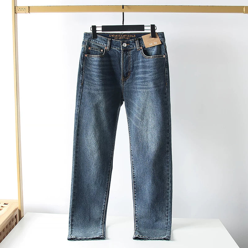 What a pleasant surprise! Heavy duty washing! Spring men's foreign trade cotton elastic retro polished white straight leg denim pants
