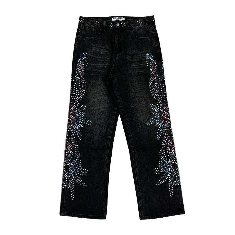 Vale Forever Rhinestone Floral Pattern Oversized Black Denim Jeans