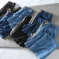 Good daily orders! Cool and comfortable! Foreign trade men's spring and summer breathable loose leg binding elastic waistband Tencel jeans