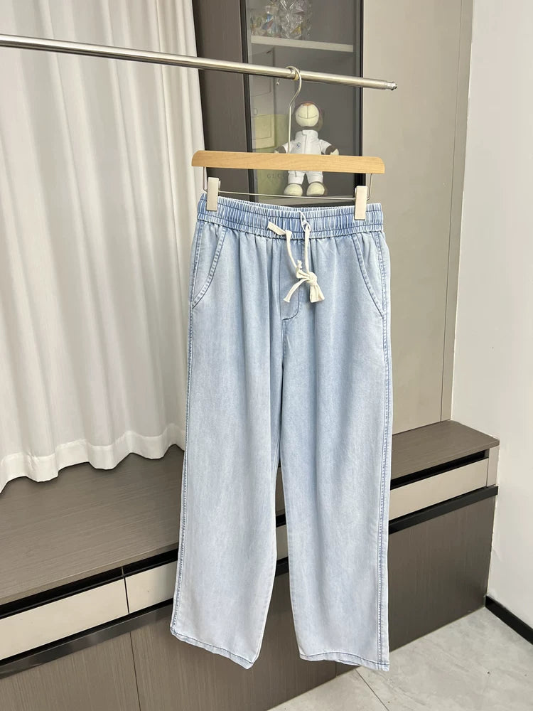 Laisel Tencel! Smooth and drooping! Summer men's foreign trade thin breathable elastic waist straight tube loose jeans