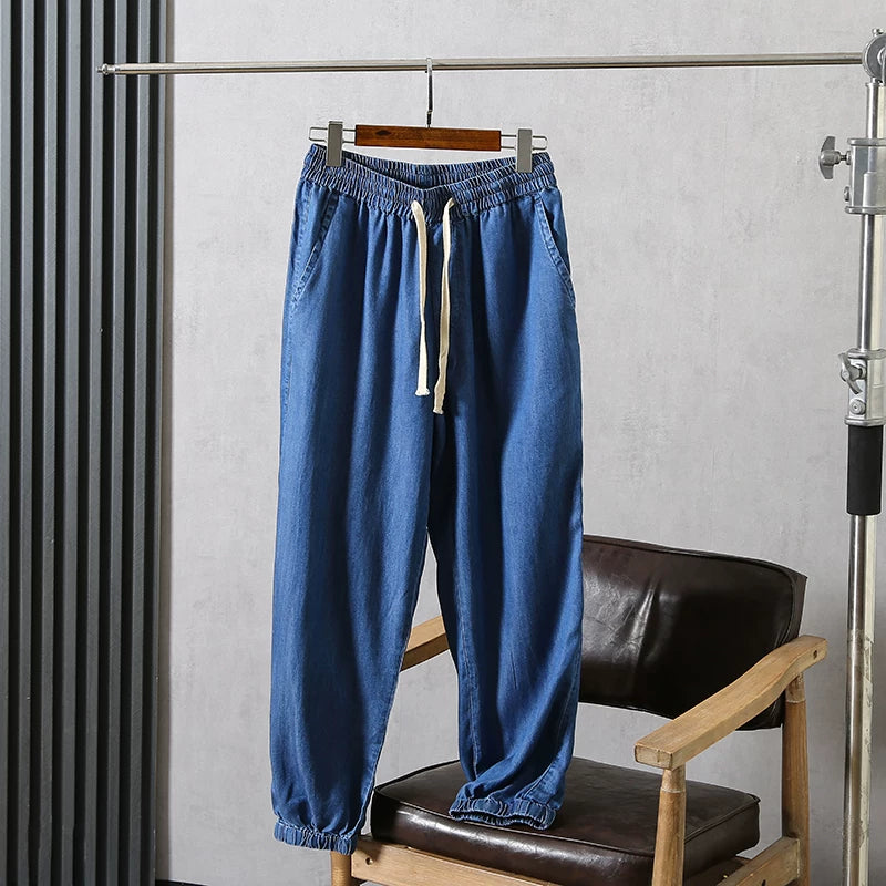 Good daily orders! Cool and comfortable! Foreign trade men's spring and summer breathable loose leg binding elastic waistband Tencel jeans
