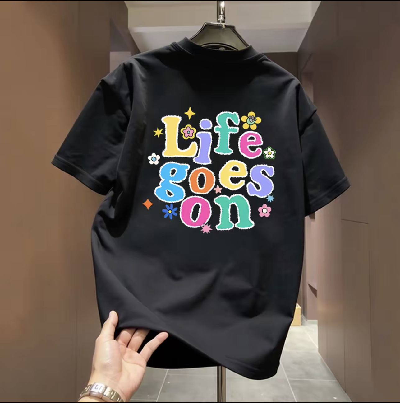 High quality light luxury rainbow letter trendy brand round neck pure cotton short sleeved versatile