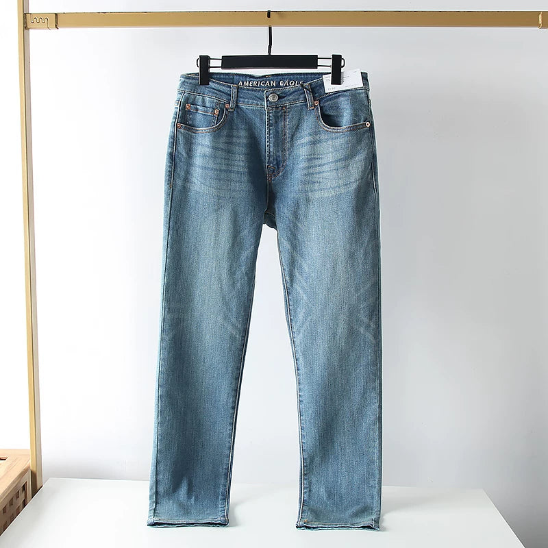 What a pleasant surprise! Heavy duty washing! Spring men's foreign trade cotton elastic retro polished white straight leg denim pants
