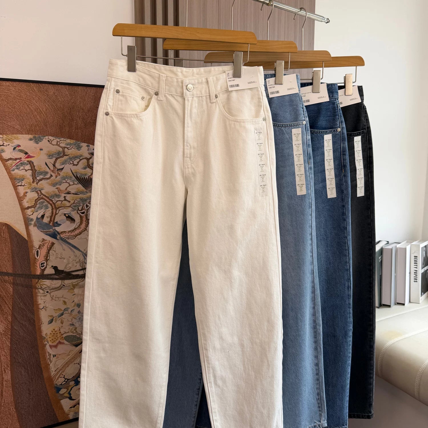 Flat replacement! Vintage washed and polished white! Spring men's foreign trade casual tapered loose straight leg fashionable jeans