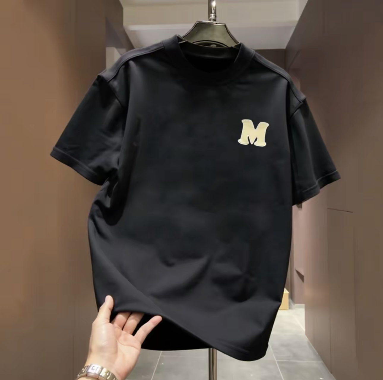 American style handsome men's and women's short sleeved T-shirt trend simple M letter print popular versatile round neck loose cotton half sleeve