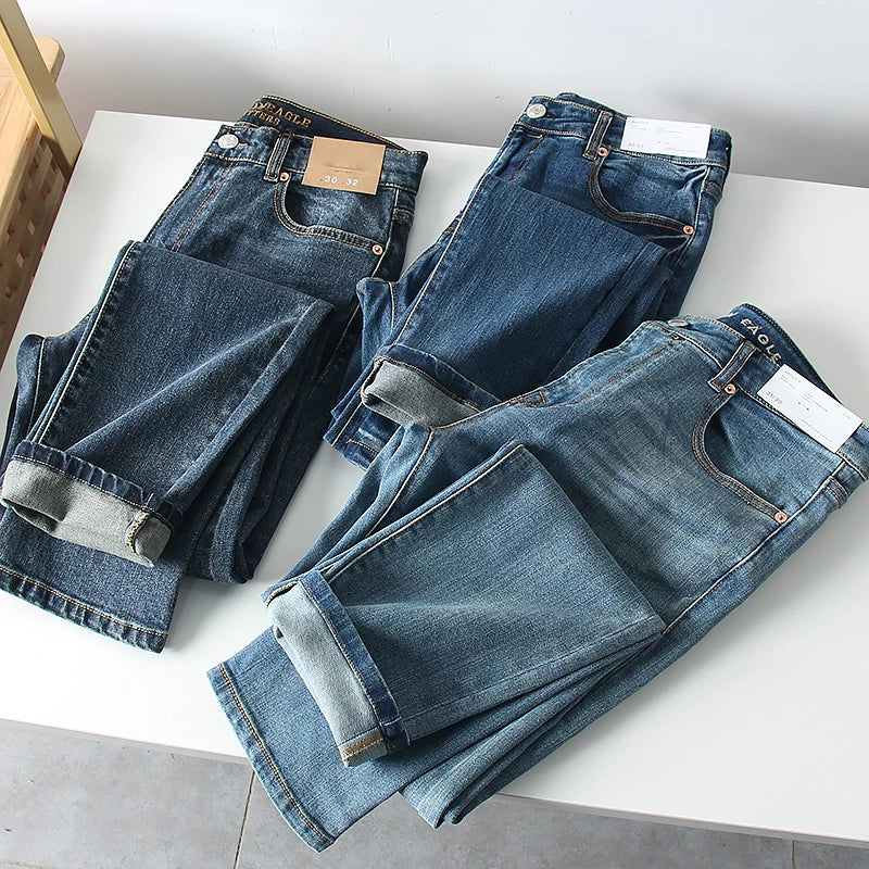 What a pleasant surprise! Heavy duty washing! Spring men's foreign trade cotton elastic retro polished white straight leg denim pants