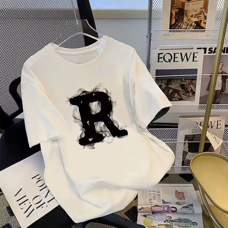 Brand foreign trade~Cutting labels, picking up leaks, counter surplus single weight pure cotton short sleeved T-shirt for men and women, trendy brand R letter