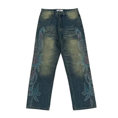 Vale Forever Rhinestone Floral Pattern Oversized Blue Denim Jeans
