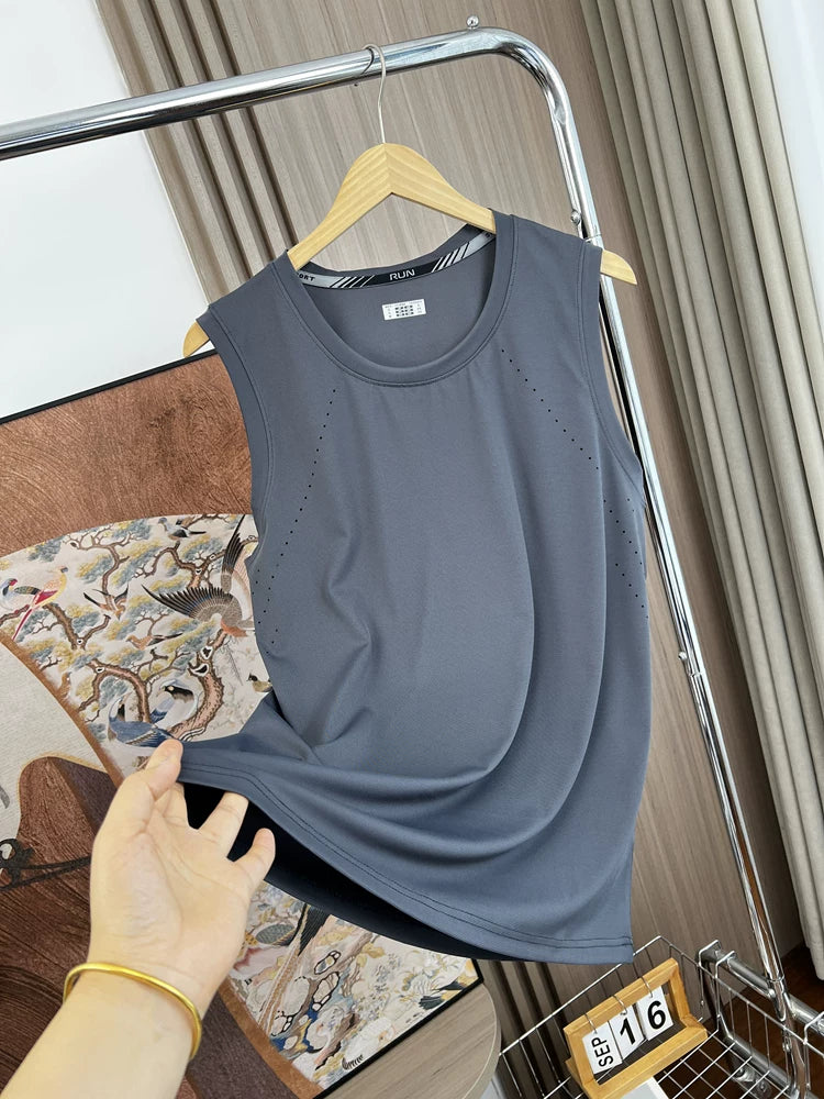 Laser perforation! Ice and moisture absorption! Summer men's foreign trade running loose quick drying breathable vest sleeveless T-shirt