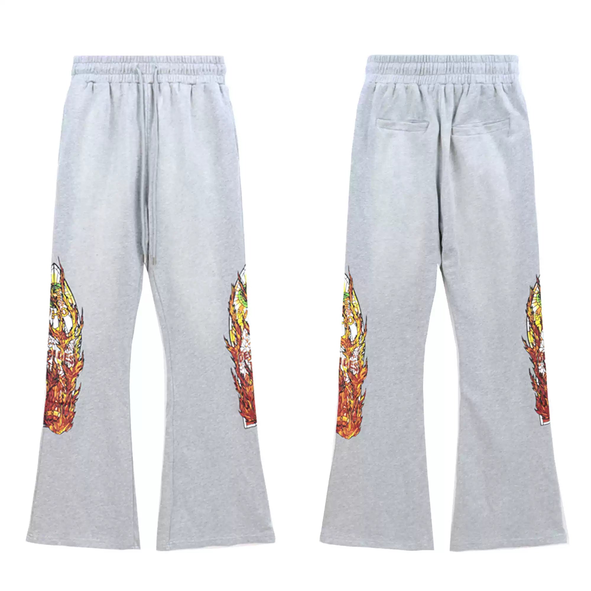 Vintage Grey Flame Graphic Rhinestone Flare Denim Pants
