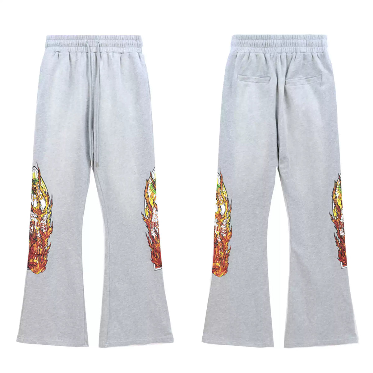 Vintage Grey Flame Graphic Rhinestone Flare Denim Pants