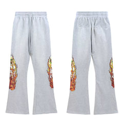 Vintage Grey Flame Graphic Rhinestone Flare Denim Pants