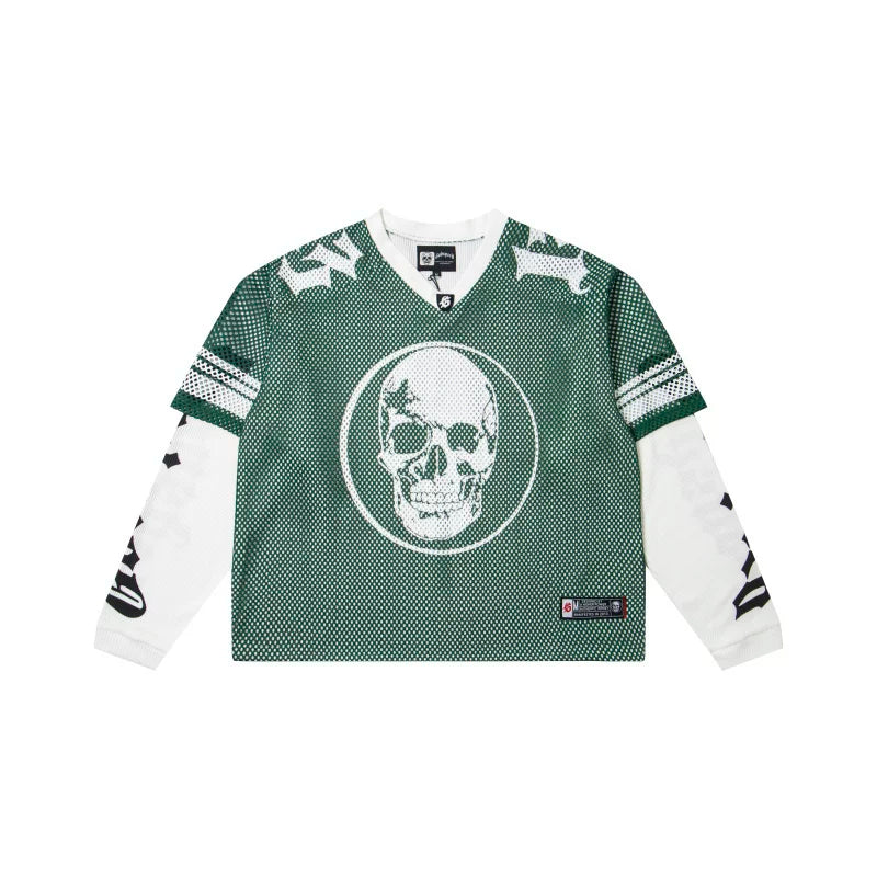 "Godspeed" Layered Mesh Skull Long Sleeve Jersey (Green/White)