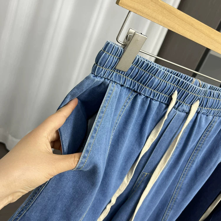 Comfortable and stylish! Spring and summer men's retro casual trade elastic waist loose wide leg fashionable curved knife jeans