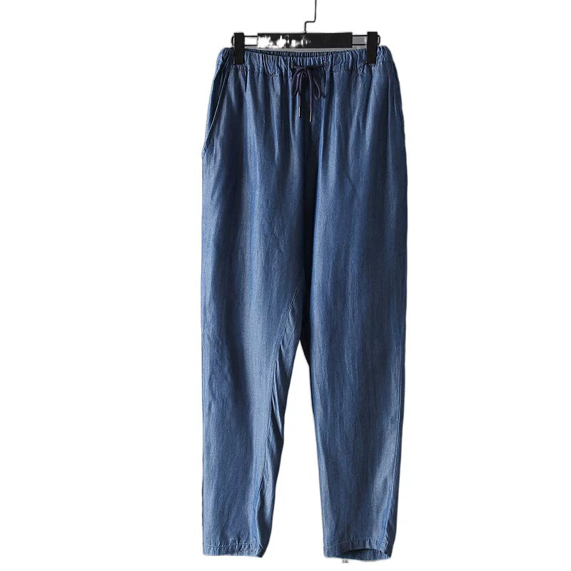 Full of drape! Export daily order! Summer men's ultra-thin breathable Tencel jeans with loose straight leg drawstring trend