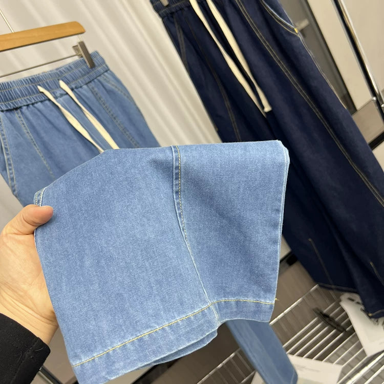 Comfortable and stylish! Spring and summer men's retro casual trade elastic waist loose wide leg fashionable curved knife jeans