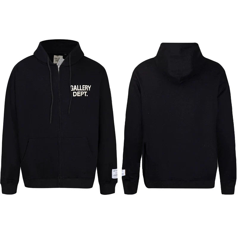Gallery Dept Solid Black White Logo Full Zip Up Hoodie