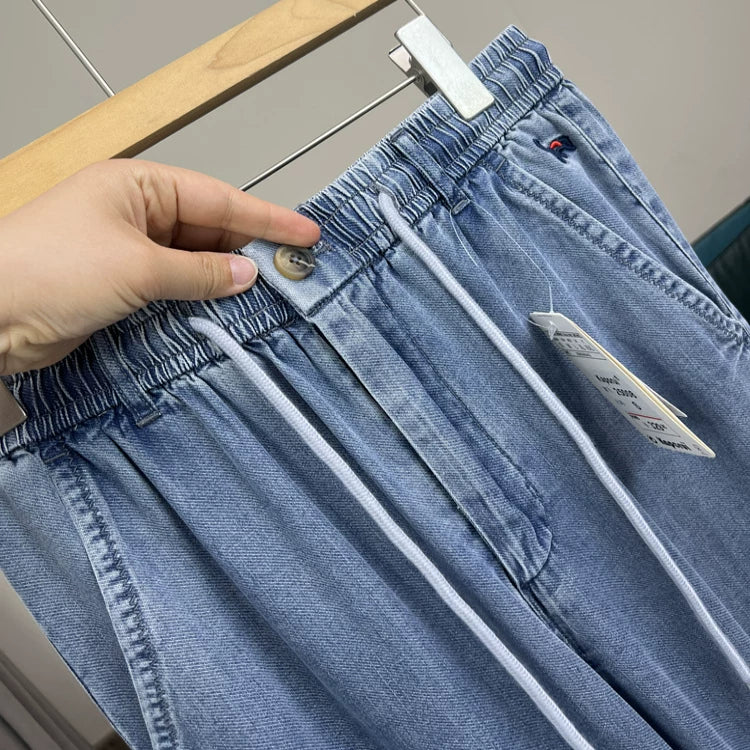 Born for comfort! 100 days of silk! Summer men's foreign trade thin, smooth, wrinkle resistant, elastic waist casual jeans