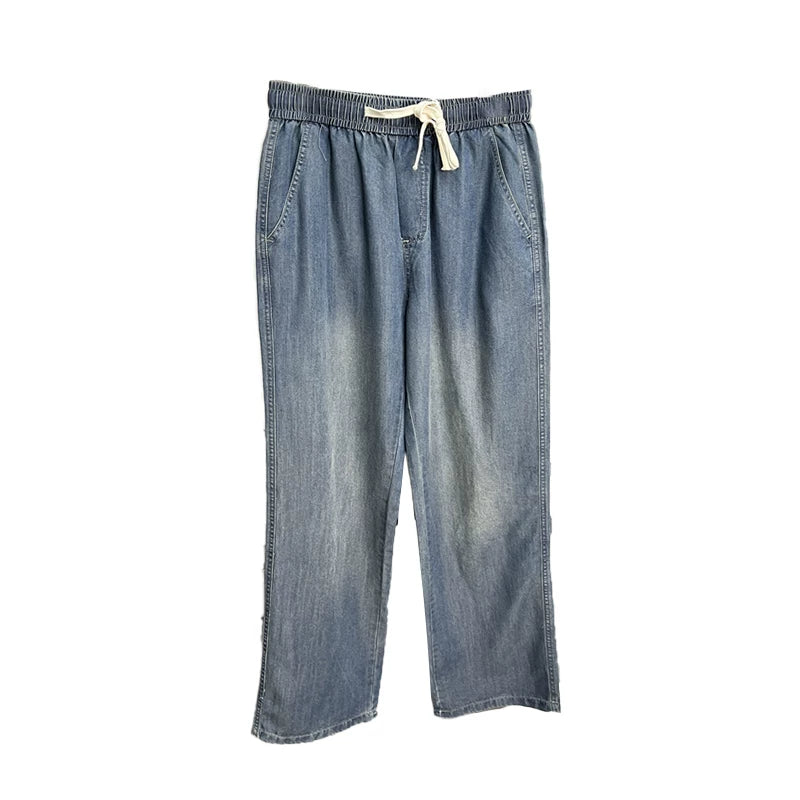 Soft drape! Cool and breathable! Summer men's foreign trade Tencel Lyocell elastic waist hanging straight leg jeans