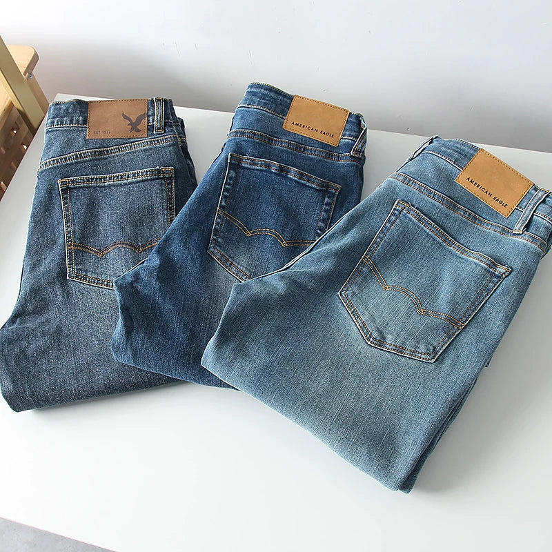 What a pleasant surprise! Heavy duty washing! Spring men's foreign trade cotton elastic retro polished white straight leg denim pants