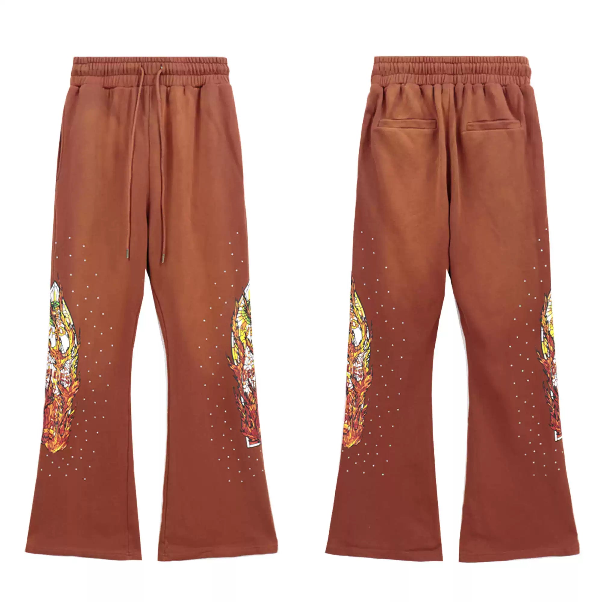 Vintage Brown Flame Graphic Rhinestone Flare Denim Pants