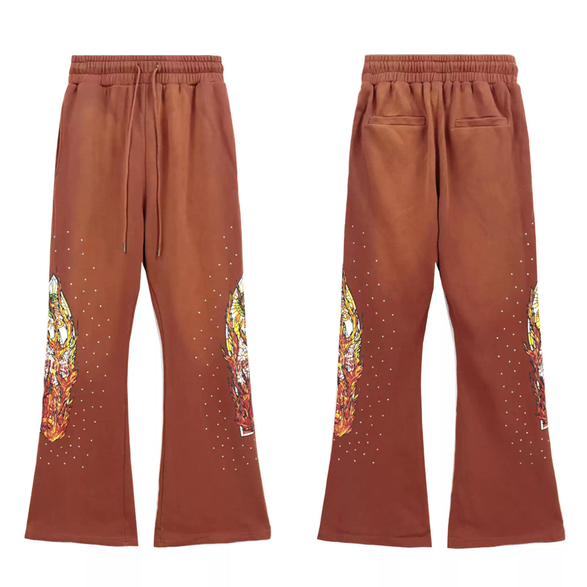 Vintage Brown Flame Graphic Rhinestone Flare Denim Pants