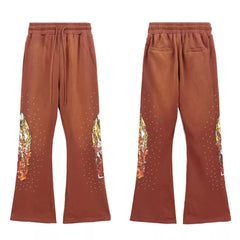 Vintage Brown Flame Graphic Rhinestone Flare Denim Pants