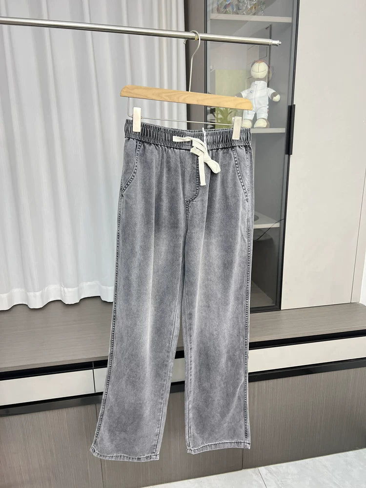 Soft drape! Cool and breathable! Summer men's foreign trade Tencel Lyocell elastic waist hanging straight leg jeans