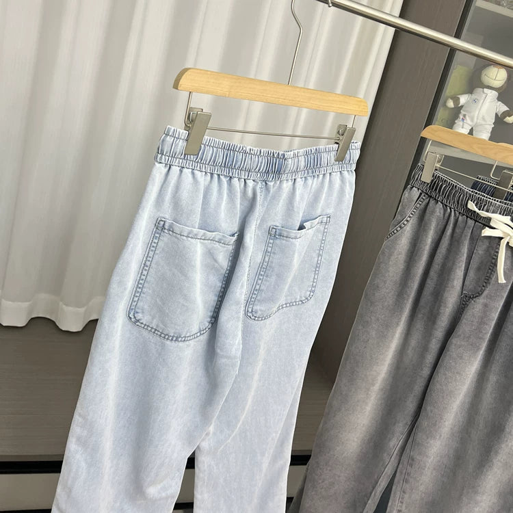 Soft drape! Cool and breathable! Summer men's foreign trade Tencel Lyocell elastic waist hanging straight leg jeans
