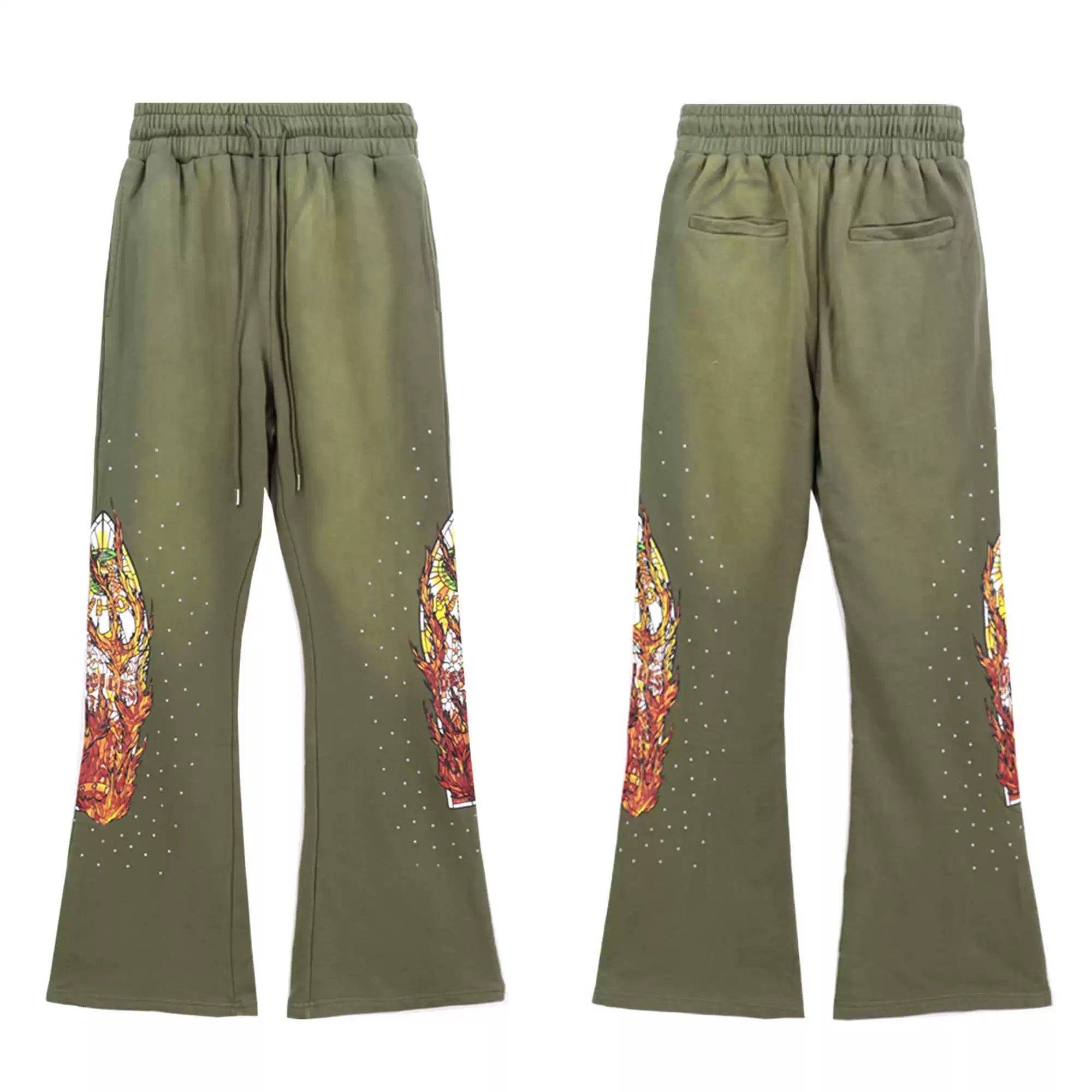 Vintage Green Flame Graphic Rhinestone Flare Denim Pants