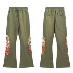 Vintage Green Flame Graphic Rhinestone Flare Denim Pants