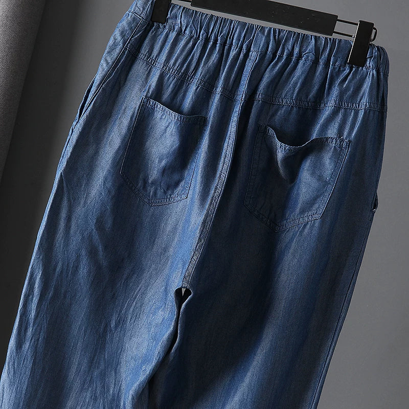 Full of drape! Export daily order! Summer men's ultra-thin breathable Tencel jeans with loose straight leg drawstring trend