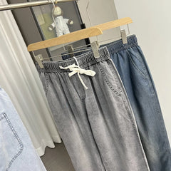 Soft drape! Cool and breathable! Summer men's foreign trade Tencel Lyocell elastic waist hanging straight leg jeans