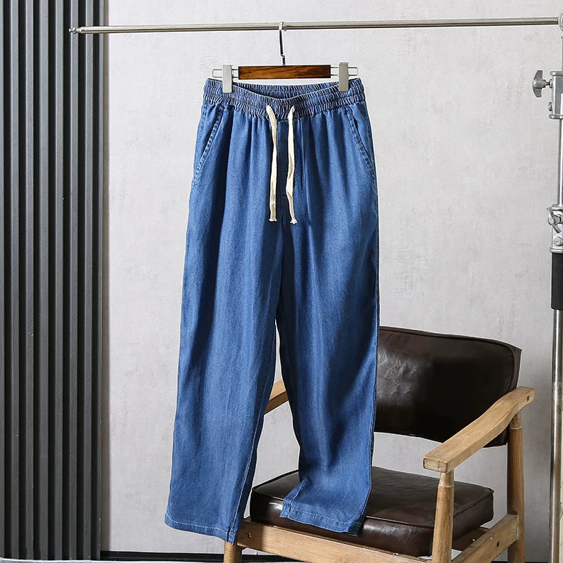 Good daily orders! Cool and comfortable! Foreign trade men's spring and summer breathable loose leg binding elastic waistband Tencel jeans