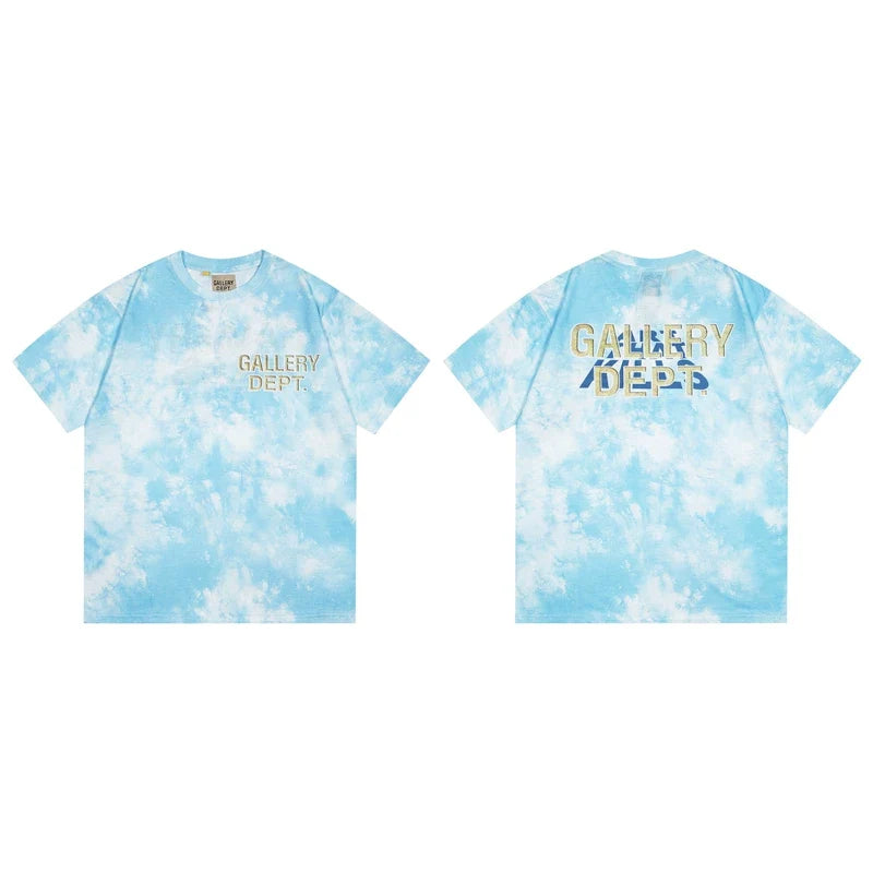 Gallery Dept. Marble Tie-Dye Gold Logo Short Sleeve T-Shirt - Light Blue