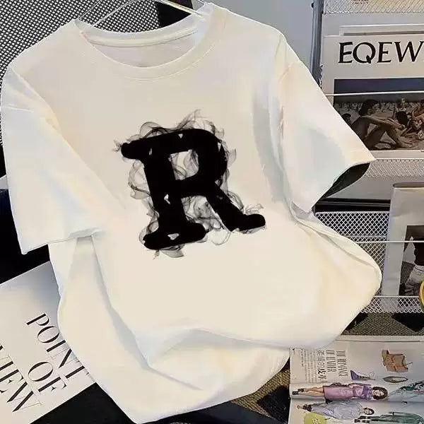 Brand foreign trade~Cutting labels, picking up leaks, counter surplus single weight pure cotton short sleeved T-shirt for men and women, trendy brand R letter