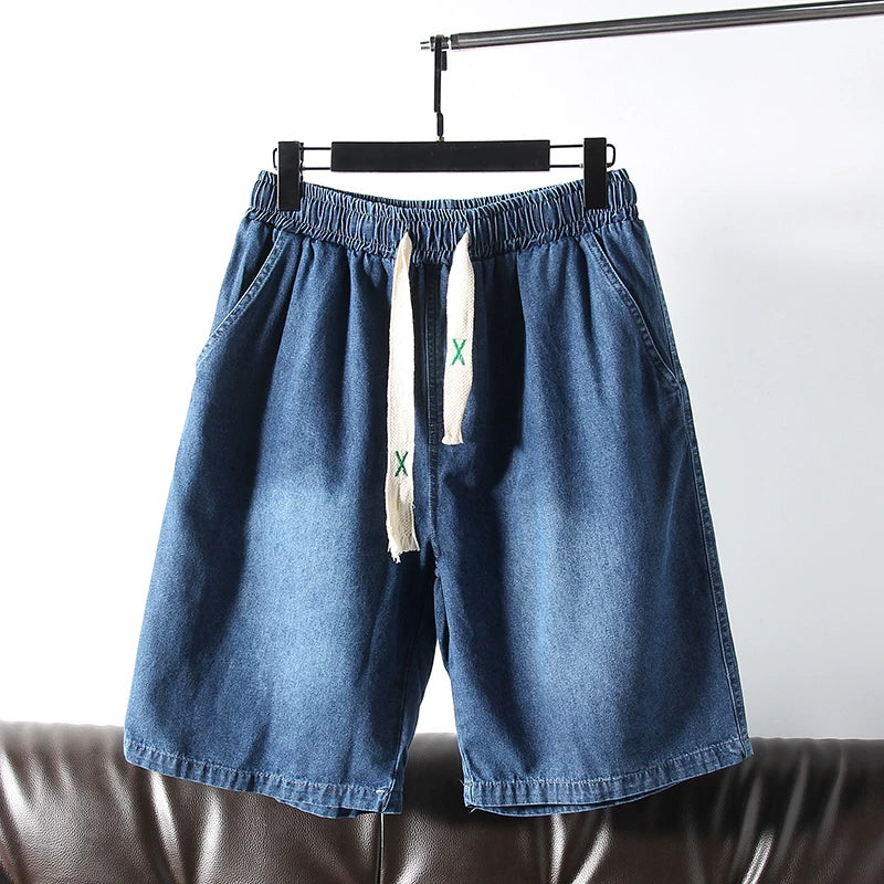 Highly recommended! Wash with water to make it old! Foreign trade men's summer elastic waist loose five quarter casual denim shorts trend