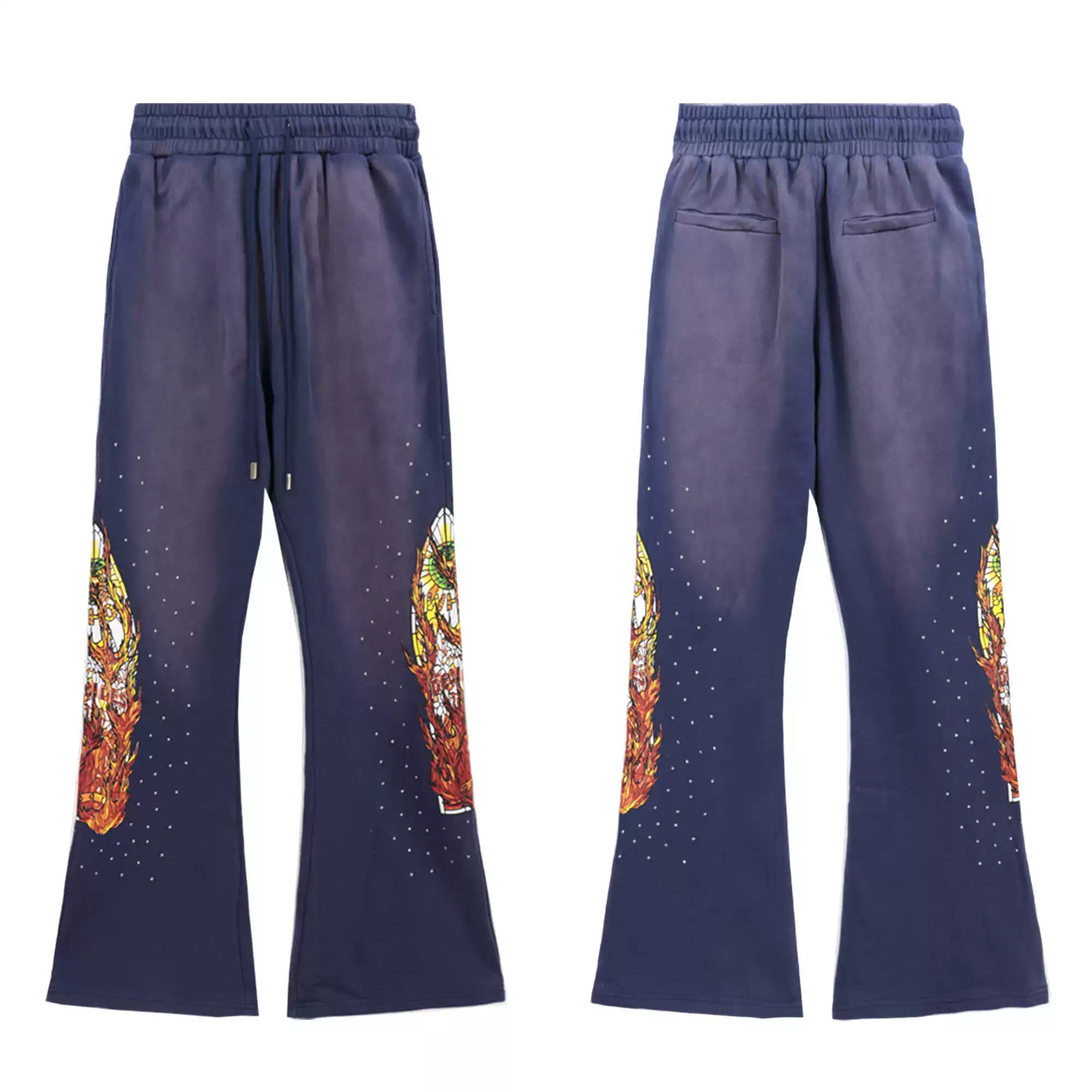 Who Decisions War on American High Street, Flame Printed Laundry, Ironed Diamond Bellbottom Pants, Couple Pants, Trendy (2)
