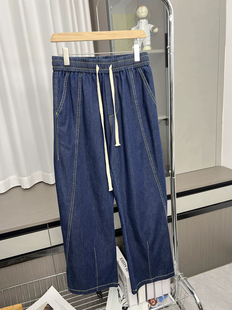 Comfortable and stylish! Spring and summer men's retro casual trade elastic waist loose wide leg fashionable curved knife jeans