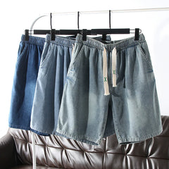 Highly recommended! Wash with water to make it old! Foreign trade men's summer elastic waist loose five quarter casual denim shorts trend
